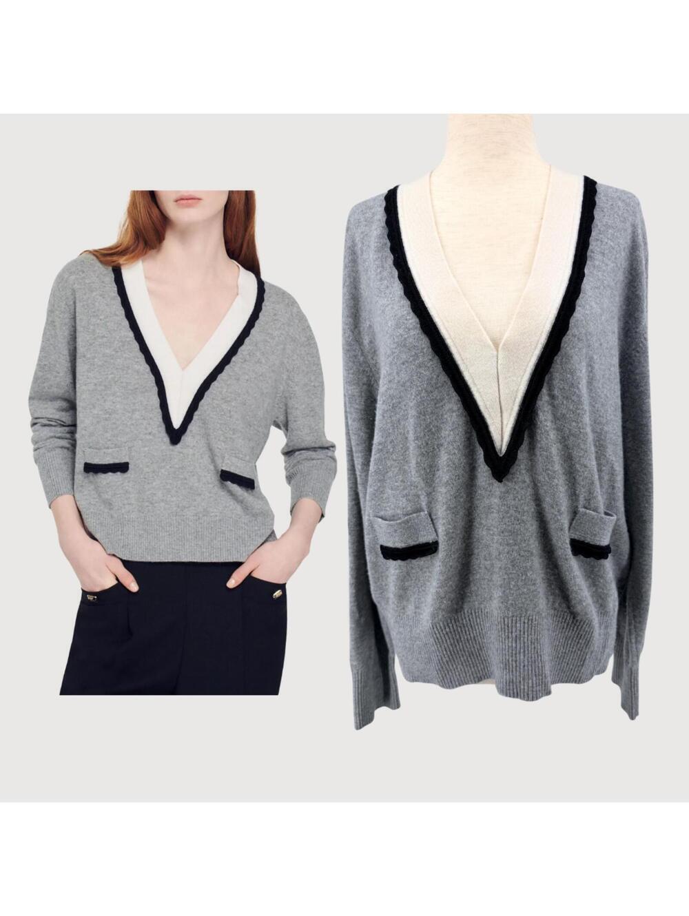 Sandro Wool Cashmere Sweater Contrast Trim Grey Size 3